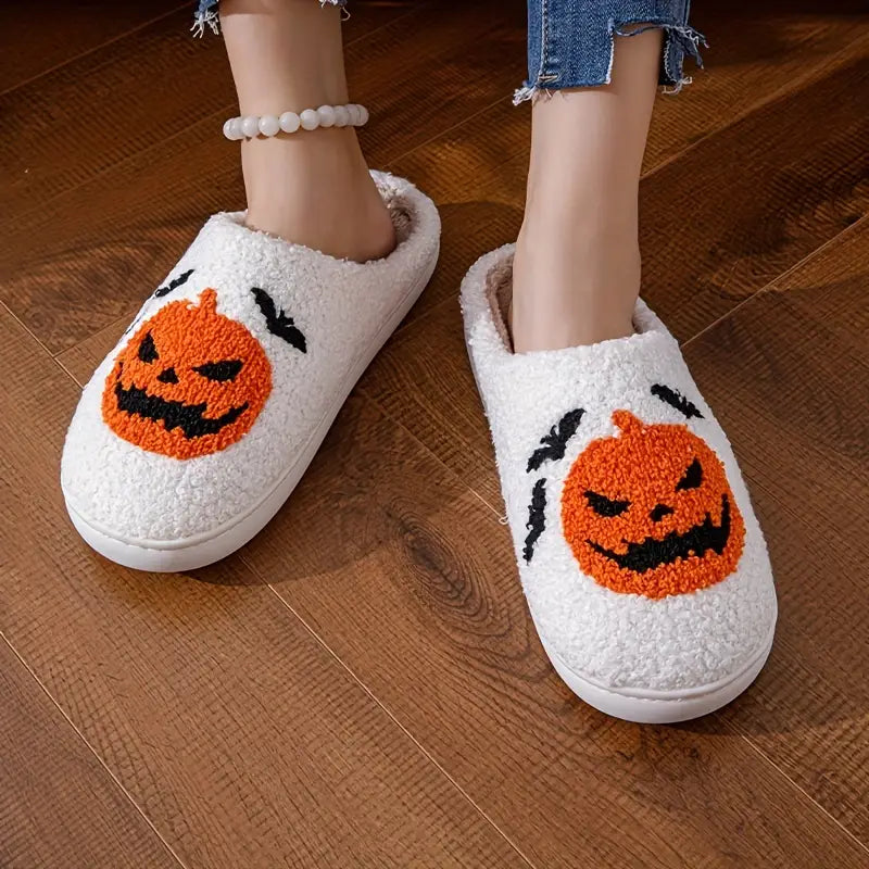 Cartoon Pumpkin & Bats Print Slippers, Slip On Fuzzy Soft Sole Flat Non-slip Shoes, Halloween Cozy Warm Home Shoes SL0808 07