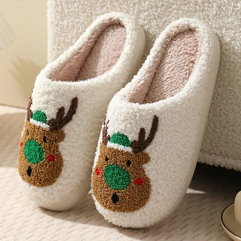 Cartoon Christmas Deer Print Slippers, Slip On Soft Sole Flat Non-slip Comfy Shoes, Winter Plush Home Warm Shoes
 SL0808 15