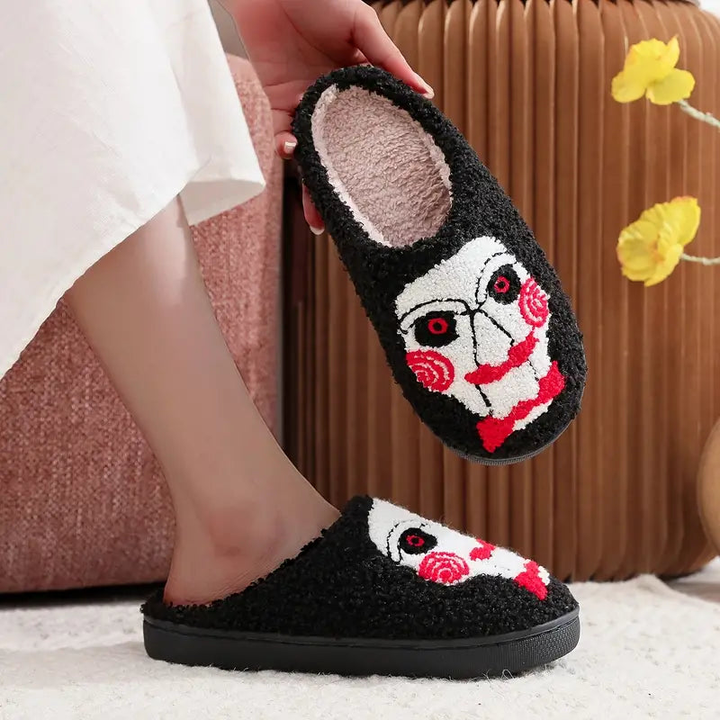 Halloween Ghost Pattern Fuzzy Slippers, Horror Style Closed Toe Plush Flat Shoes, Cozy & Warm Home Slippers SL0808 29