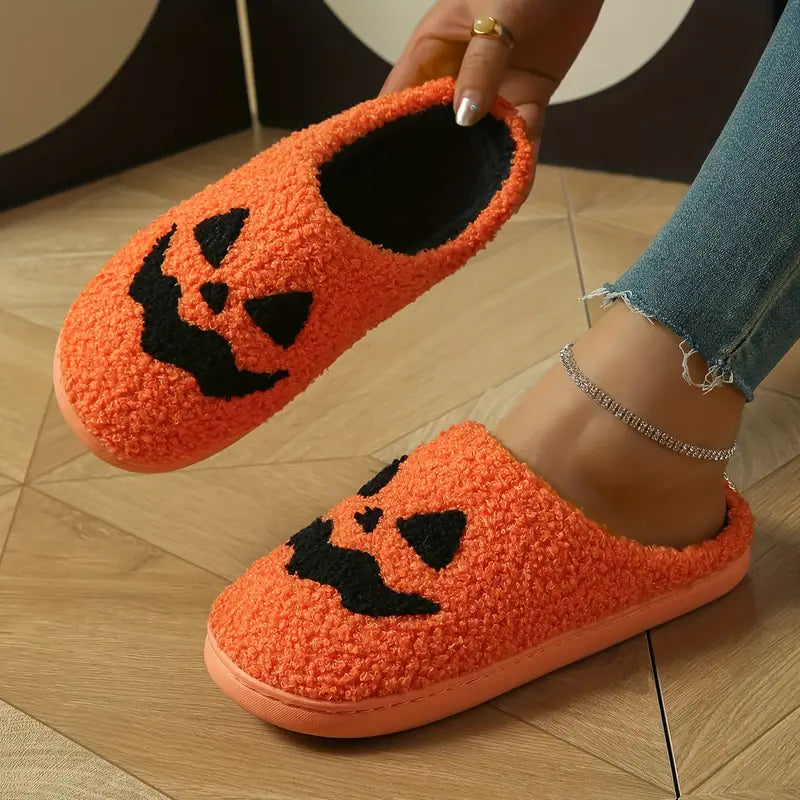 Halloween Pumpkin Design Slippers, Winter Cozy & Warm Slip On Fuzzy Shoes, Comfortable Indoor Floor Slippers SL0808 05