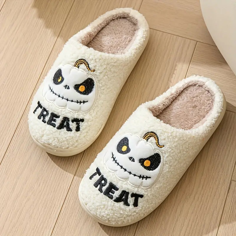 Men's Halloween Style Devil Pumpkin Pattern Fuzzy Slippers, Comfy Non Slip Casual Durable Thermal Slides, Men's Winter Indoor Footwear 
 SL0808 11