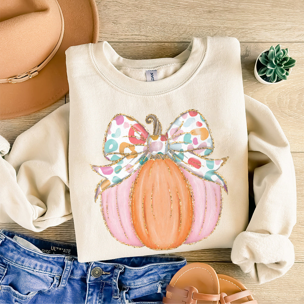 Preppy Coquette gold glitter pumpkin png girls fall pumpkin design dtf Halloween girls fall png kids fall design bow watercolor S100