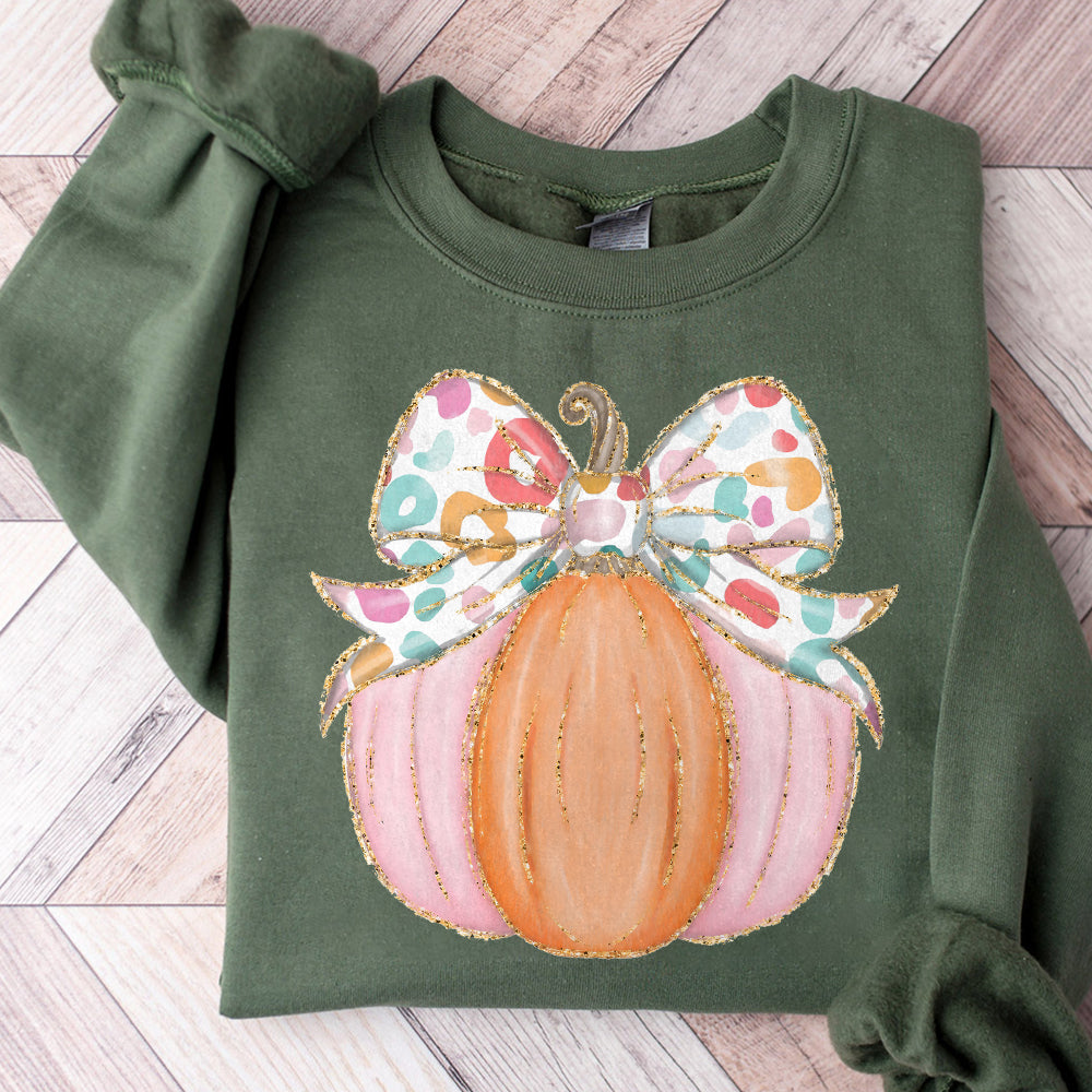 Preppy Coquette gold glitter pumpkin png girls fall pumpkin design dtf Halloween girls fall png kids fall design bow watercolor S100