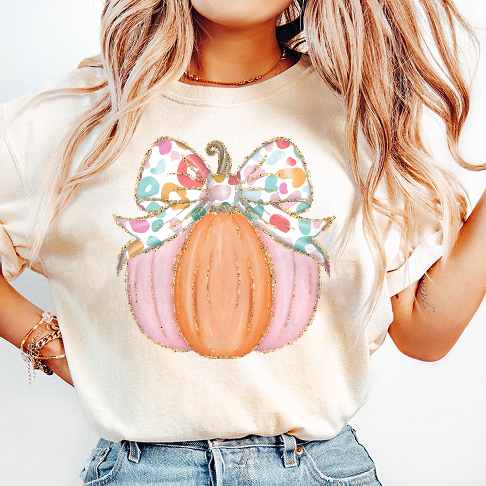 Preppy Coquette gold glitter pumpkin png girls fall pumpkin design dtf Halloween girls fall png kids fall design bow watercolor S100