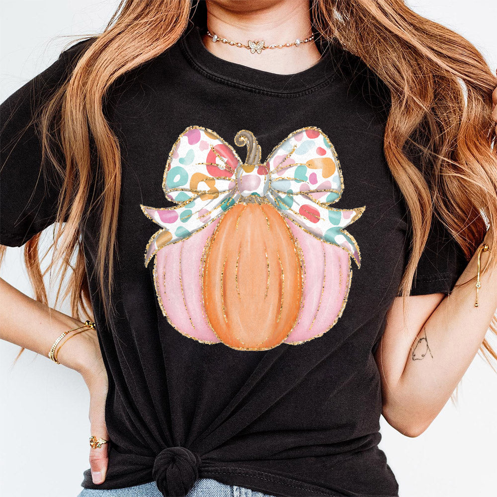 Preppy Coquette gold glitter pumpkin png girls fall pumpkin design dtf Halloween girls fall png kids fall design bow watercolor S100