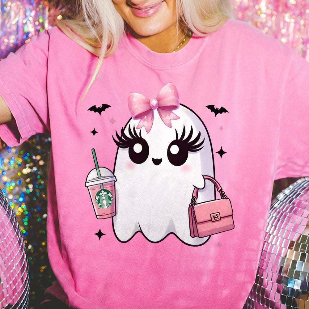 Pink Cute Ghost Coquette Bow Halloween Shirt, Halloween Ghosts Tshirt, Cute Ghost Shirt, Halloween Sweater, Halloween Party, Halloween Gift FB2708