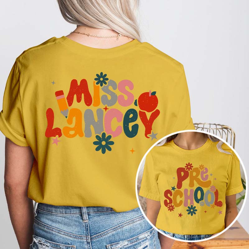 Personalized Name And Grade Bloom Flowers Teacher Two Sided T-Shirt 2MAT68