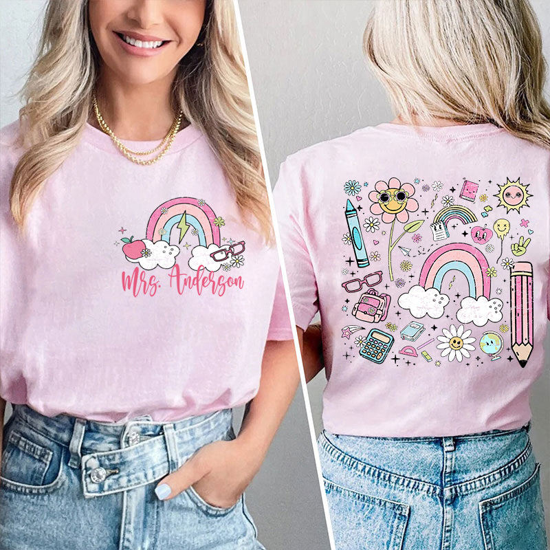 Personalized Pink Rainbow Cute Icon Teacher Two Sided T-Shirt 2MAT88