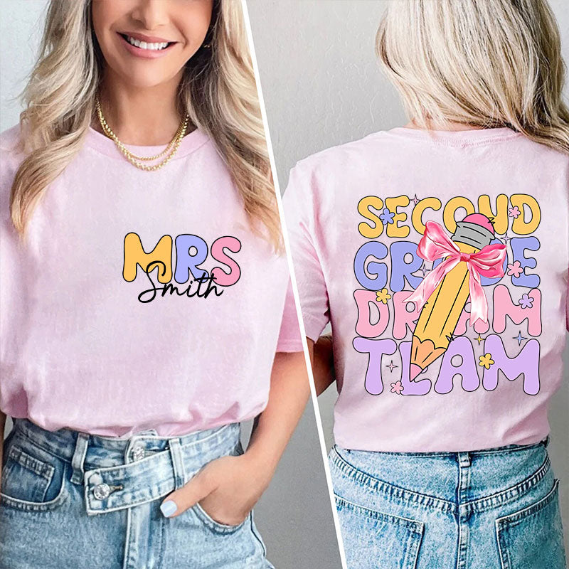 Personalized Teacher's Name And Grade Bow Pencil Print Teacher Two Sided T-Shirt 2MAT88