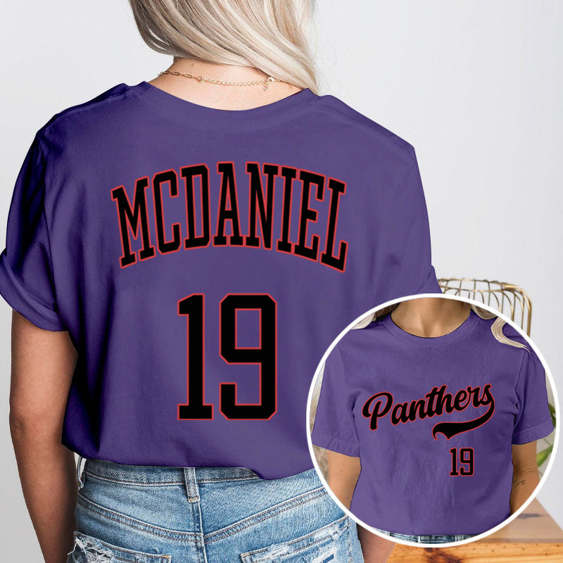 Personalized Mascot And Your Number Simple Font Design Teacher Two Sided T-Shirt 2MAT68
