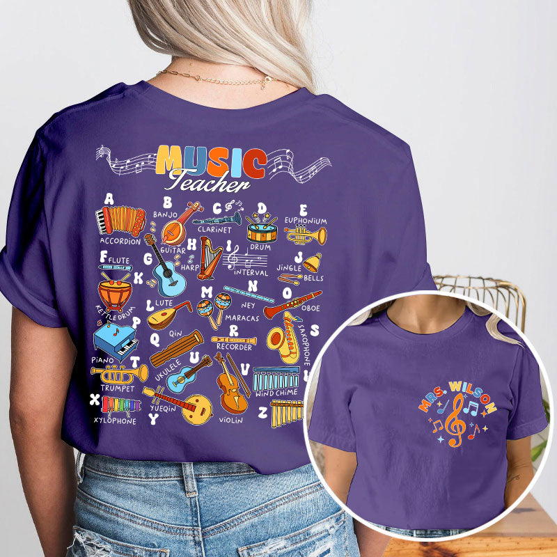 Personalized Music Teacher's Name Musical Instrument Icons Teacher Two Sided T-Shirt 2MAT88