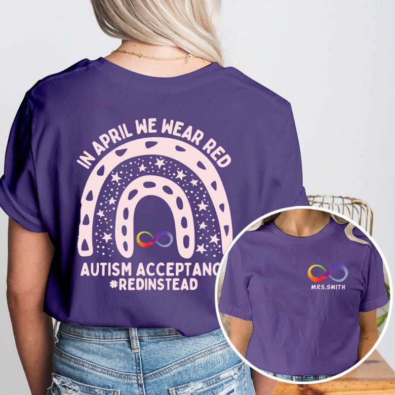 Personalized In April We Wear Red Teacher Two Sided T-Shirt 2MAT88