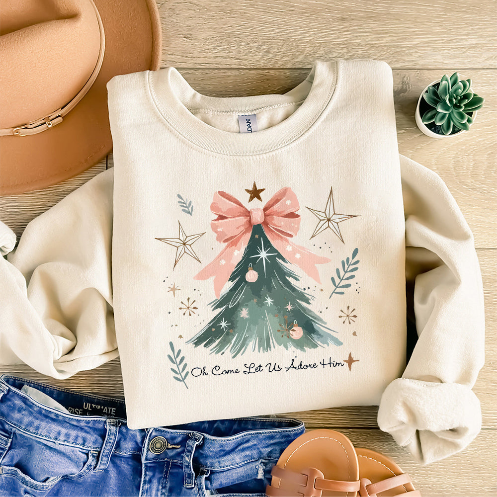 Oh Come Let Us Adore Him Png, Coquette Bow Christmas Tree Png,Christmas Jesus PNG,Watercolor Christian Christmas Png,Xmas Tree with Bow Png S4 OO