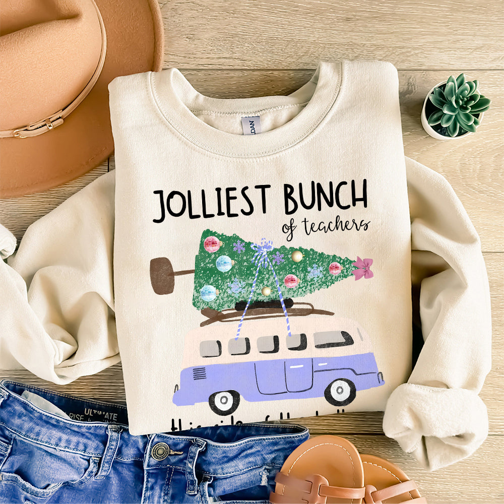 Jolliest Bunch of Teachers this side of the hallway- Christmas tree- purple van- vintage- watercolor- ornaments- snowflakes- bow- teach- PNG S243 a 091124
