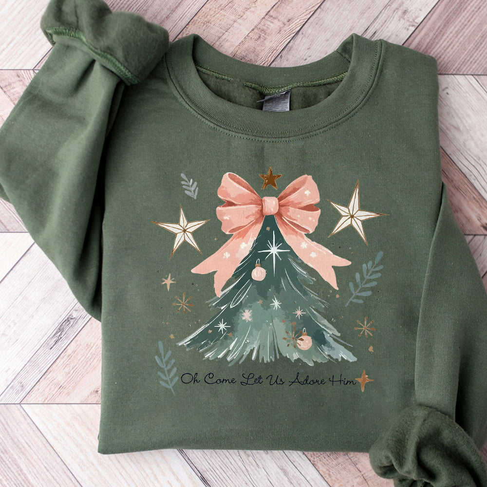 Oh Come Let Us Adore Him Png, Coquette Bow Christmas Tree Png,Christmas Jesus PNG,Watercolor Christian Christmas Png,Xmas Tree with Bow Png S4 OO