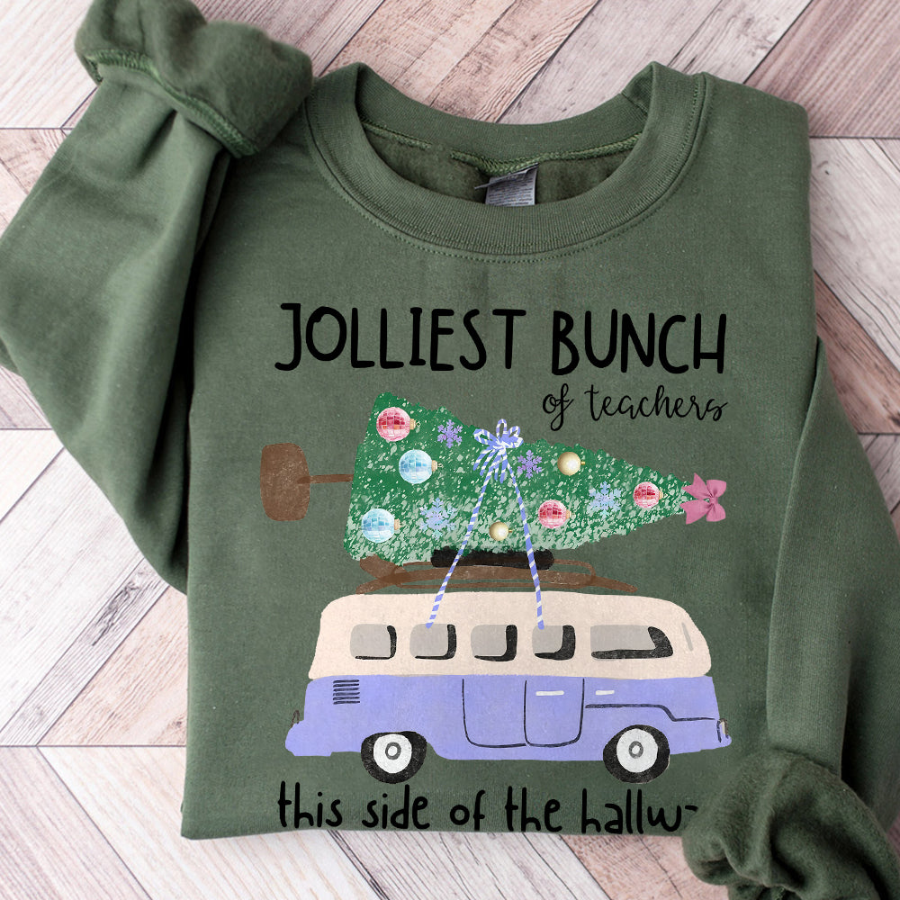 Jolliest Bunch of Teachers this side of the hallway- Christmas tree- purple van- vintage- watercolor- ornaments- snowflakes- bow- teach- PNG S243 a 091124