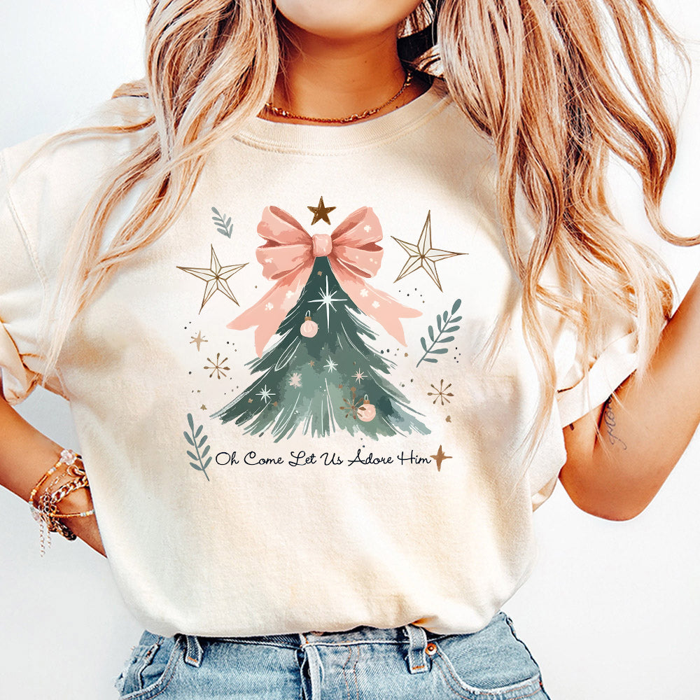 Oh Come Let Us Adore Him Png, Coquette Bow Christmas Tree Png,Christmas Jesus PNG,Watercolor Christian Christmas Png,Xmas Tree with Bow Png S4 OO
