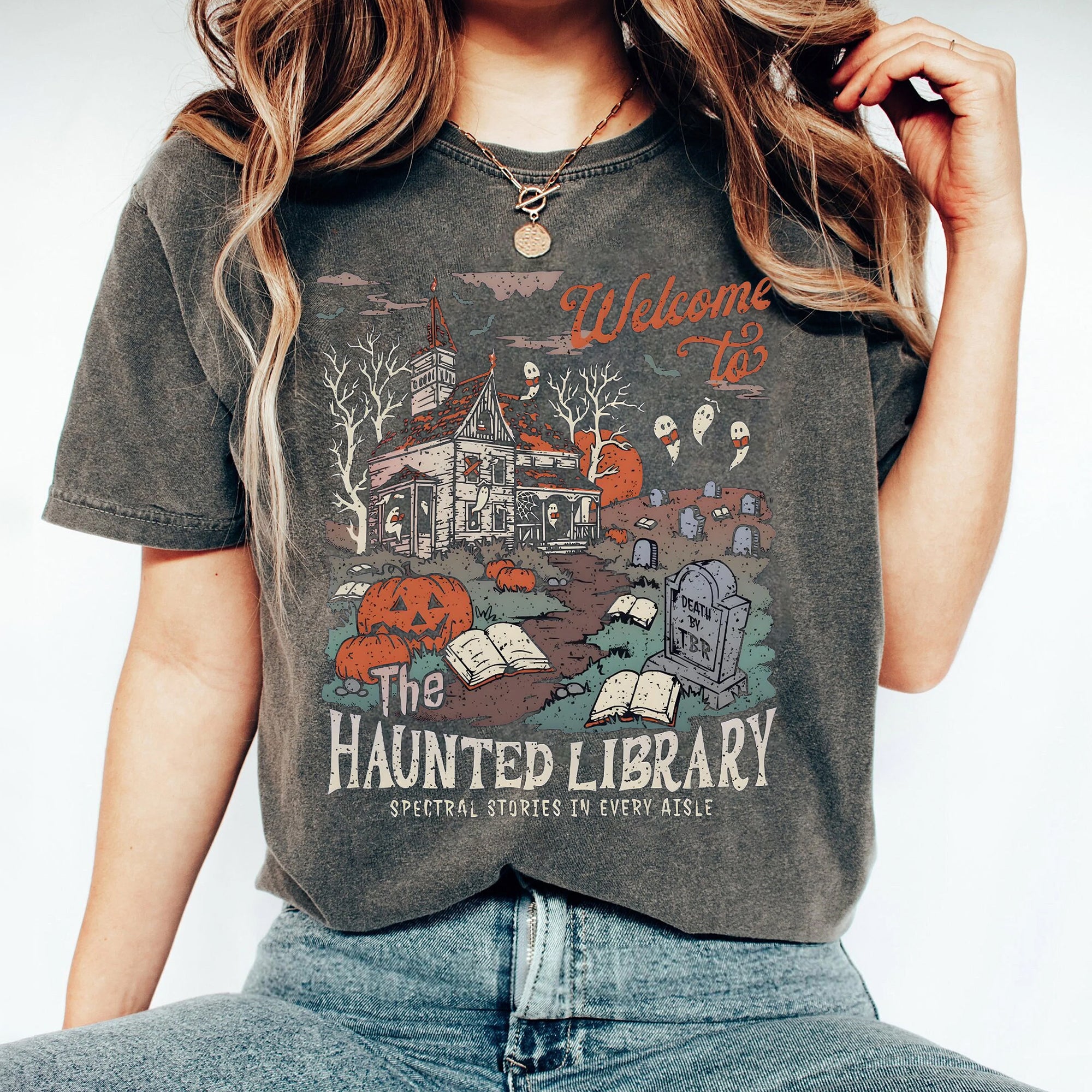 Haunted Library Bella Canvas Shirt for Book Lover Funny Halloween Librarian Graphic Tee Bookish Spooky Crewneck Reading Ghost T-Shirt Fall HHH