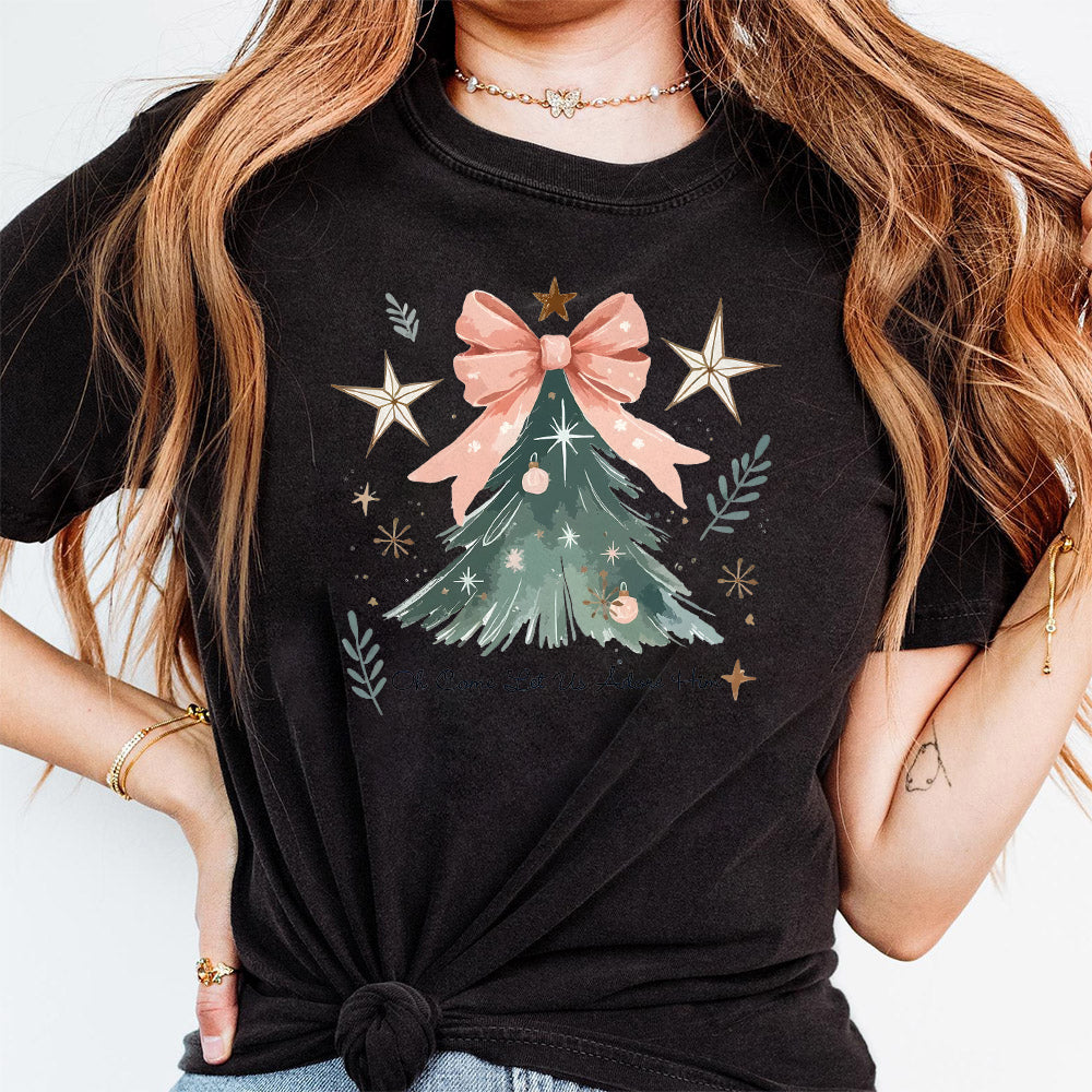 Oh Come Let Us Adore Him Png, Coquette Bow Christmas Tree Png,Christmas Jesus PNG,Watercolor Christian Christmas Png,Xmas Tree with Bow Png S4 OO