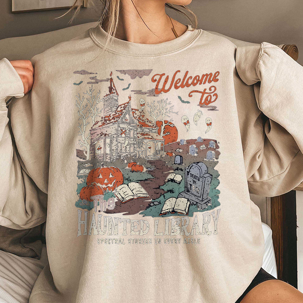 Haunted Library Bella Canvas Shirt for Book Lover Funny Halloween Librarian Graphic Tee Bookish Spooky Crewneck Reading Ghost T-Shirt Fall HHH