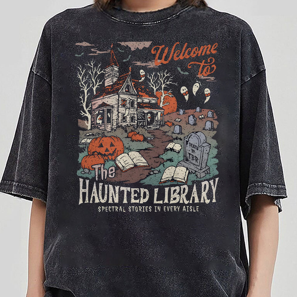 Haunted Library Bella Canvas Shirt for Book Lover Funny Halloween Librarian Graphic Tee Bookish Spooky Crewneck Reading Ghost T-Shirt Fall HHH