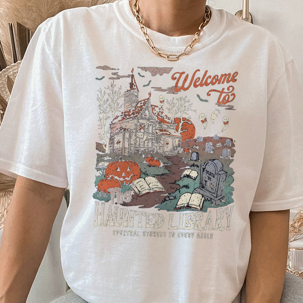 Haunted Library Bella Canvas Shirt for Book Lover Funny Halloween Librarian Graphic Tee Bookish Spooky Crewneck Reading Ghost T-Shirt Fall HHH