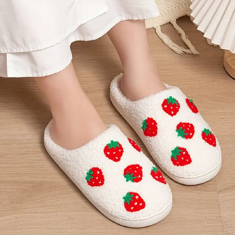 Cute Strawberry Pattern Plush Slippers, Closed Toe Soft Sole Slip On Flat Shoes, Cozy & Warm Home Floor Slippers 
 SL0808 22