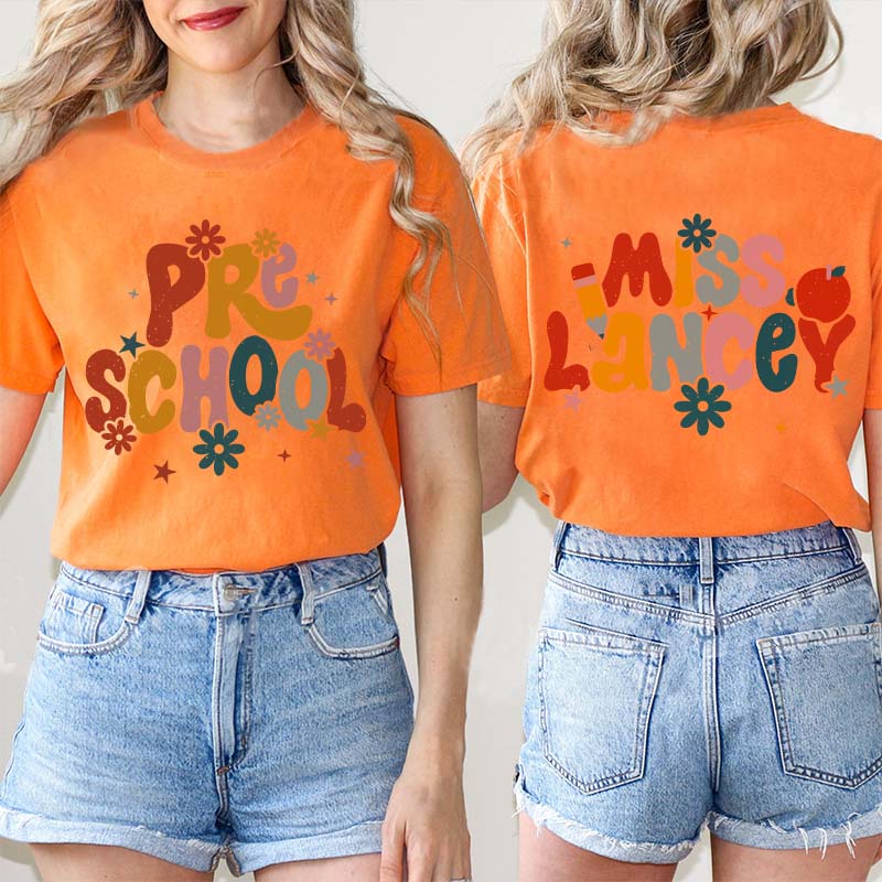 Personalized Name And Grade Bloom Flowers Teacher Two Sided T-Shirt 2MAT88