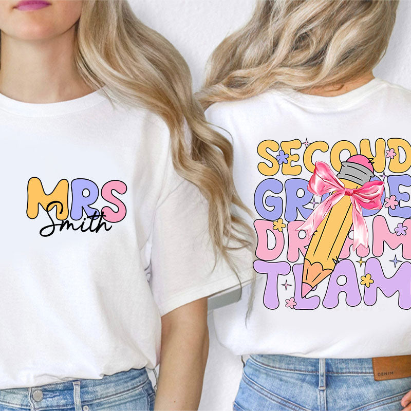 Personalized Teacher's Name And Grade Bow Pencil Print Teacher Two Sided T-Shirt 2MAT88