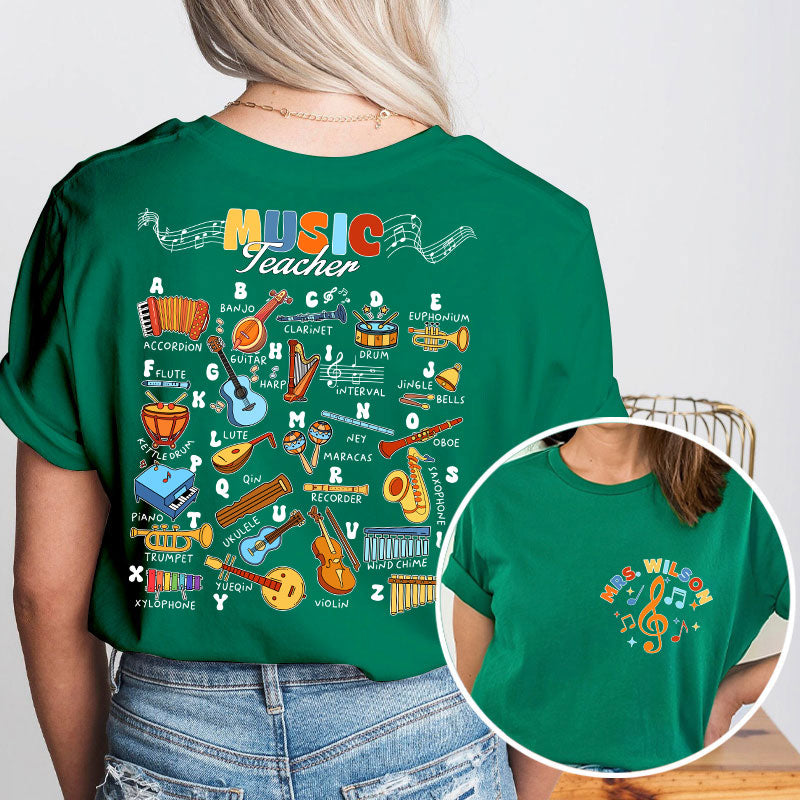 Personalized Music Teacher's Name Musical Instrument Icons Teacher Two Sided T-Shirt 2MAT88