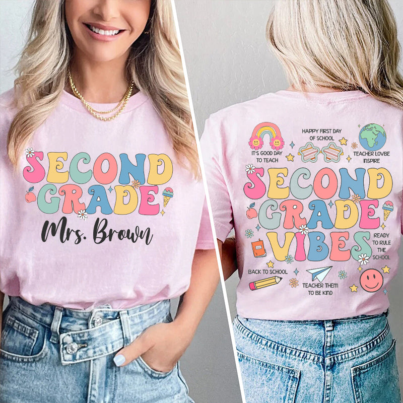 Personalized Teacher's Name And Grade Cute Icon Teacher Two Sided T-Shirt 2MAT88