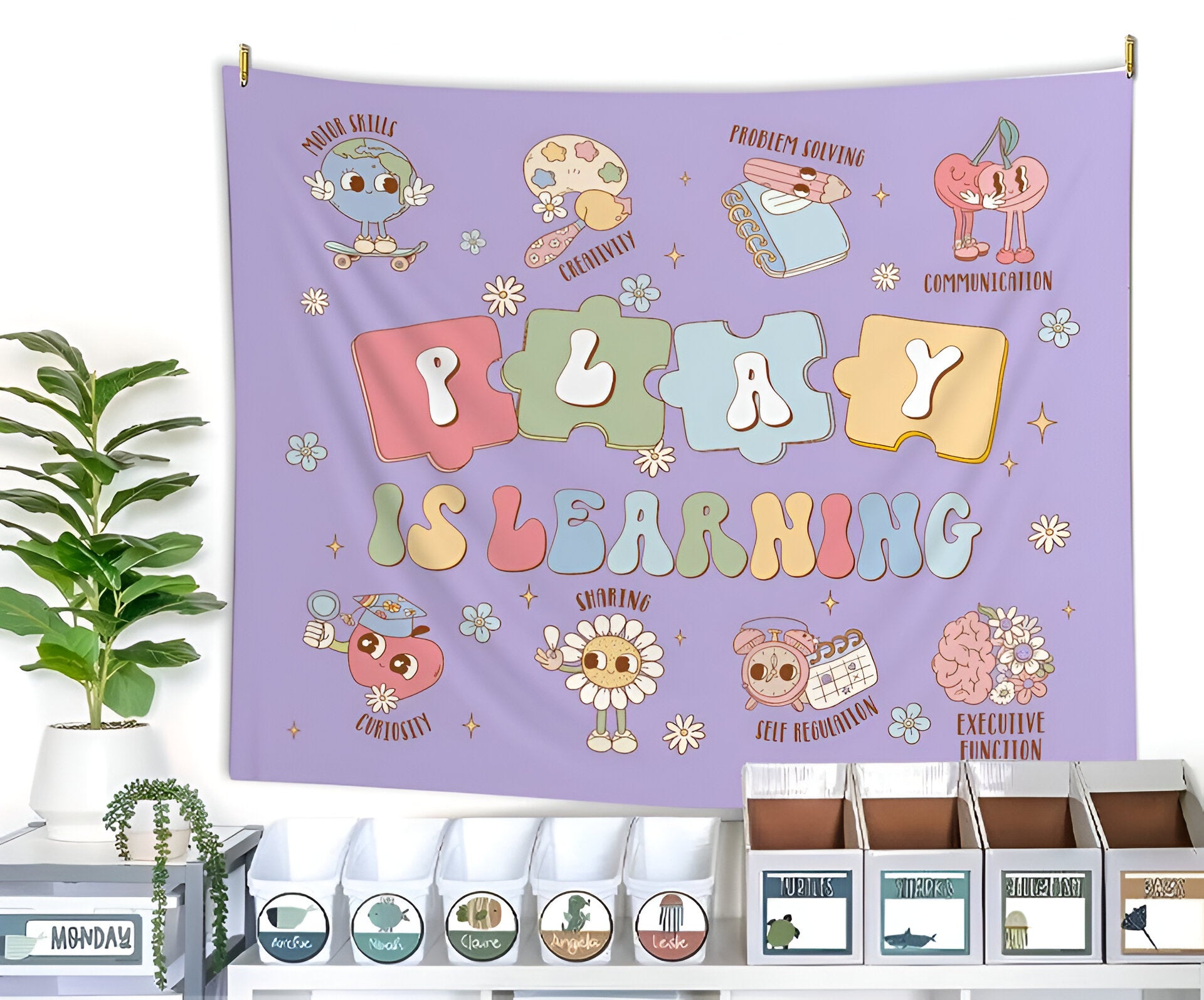 Classroom Decor, Play is Learning Classroom Tapestry, Welcome Classroom Tapestry Tapes