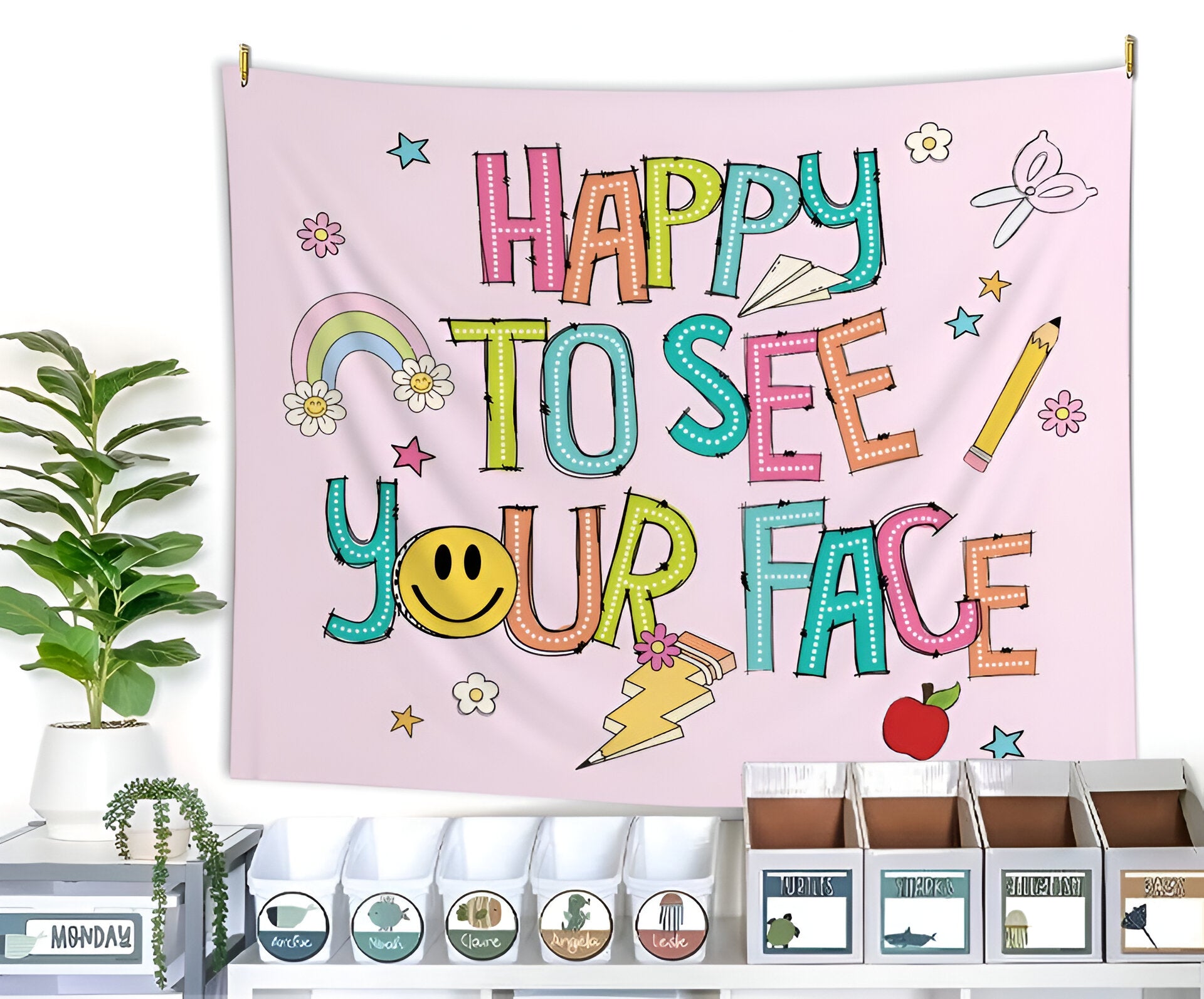 Happy To See Your Face Tapestry, Classroom Decor, Dot Dalmatian Classroom Tapestry Tapes