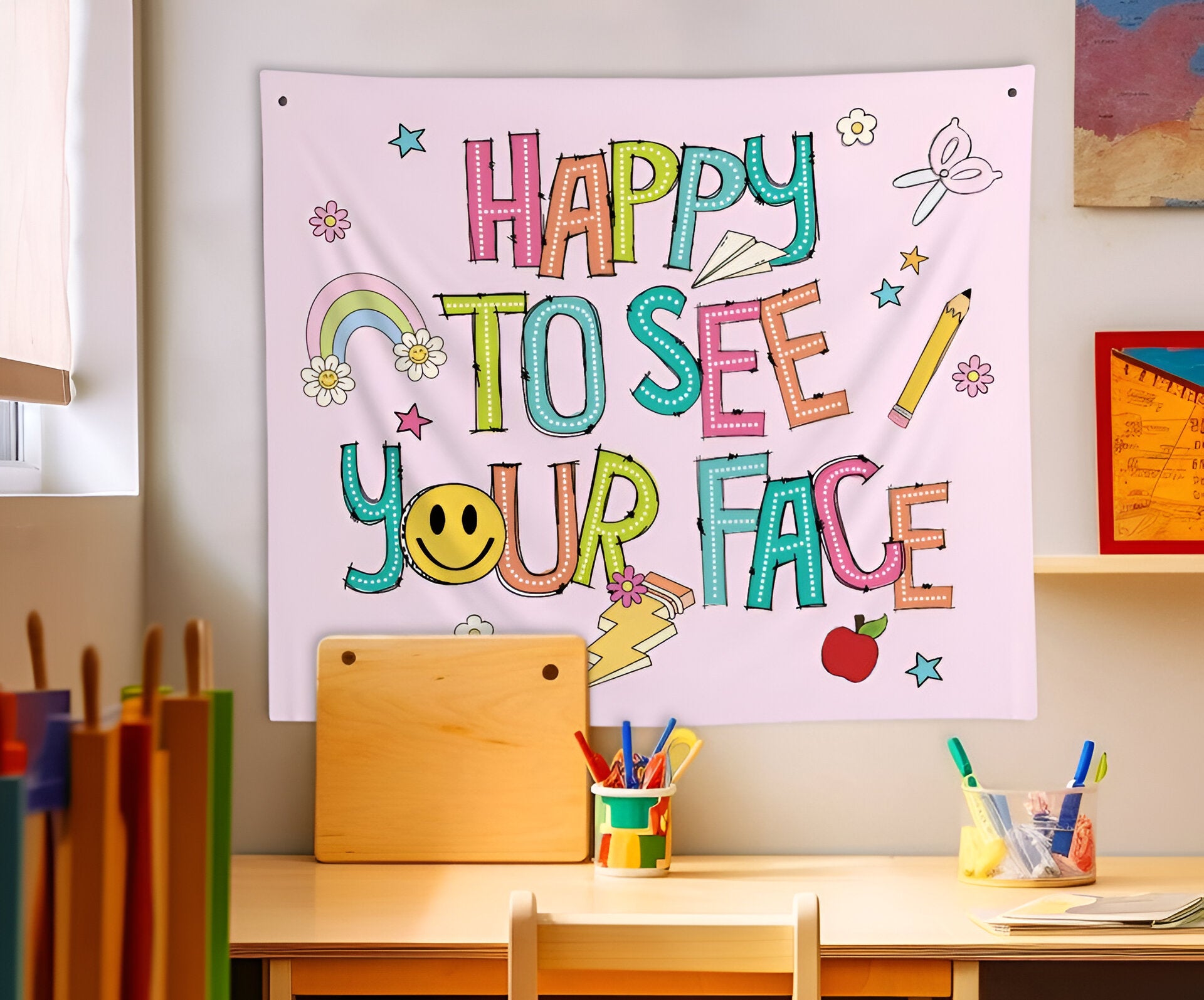 Happy To See Your Face Tapestry, Classroom Decor, Dot Dalmatian Classroom Tapestry Tapes