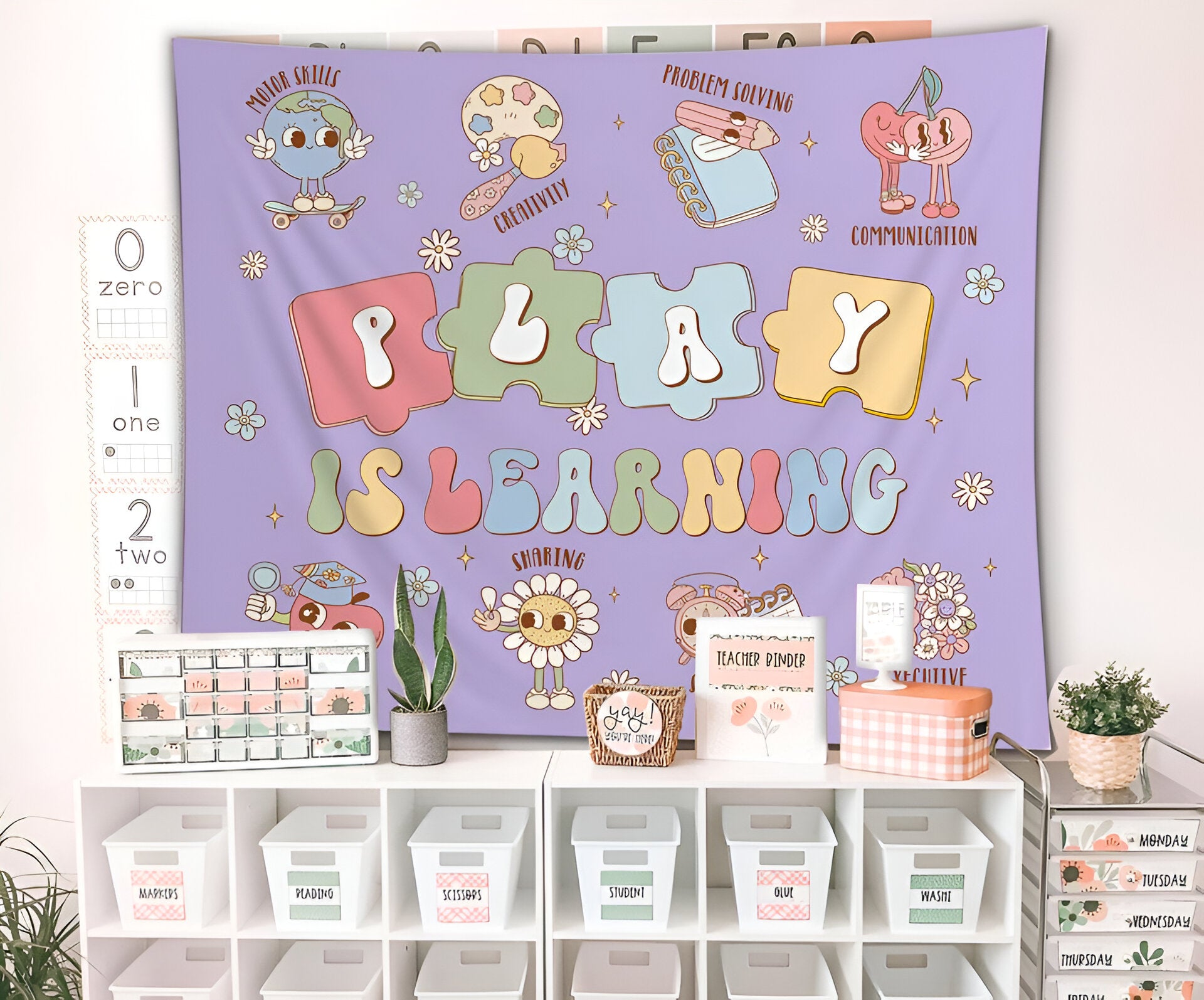 Classroom Decor, Play is Learning Classroom Tapestry, Welcome Classroom Tapestry Tapes