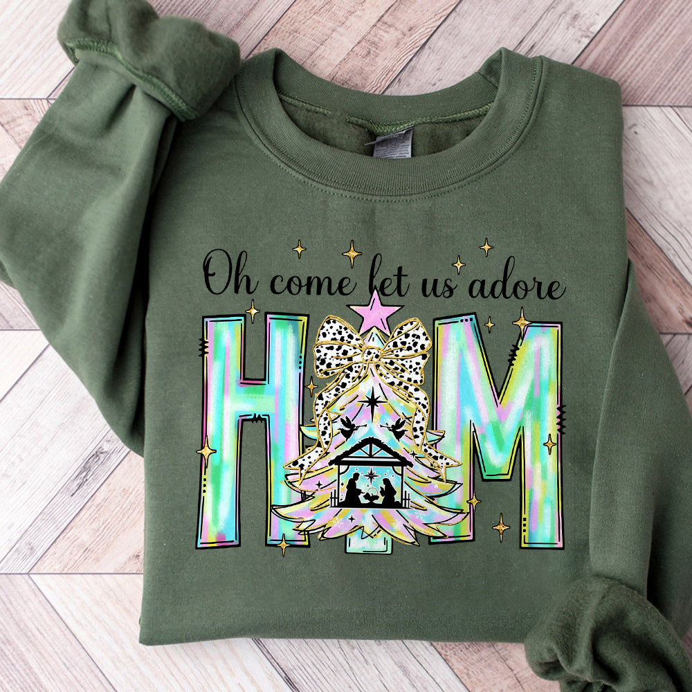 Oh Come Let Us Adore Him Png, Coquette Bow Christmas Tree Png, Christmas Jesus PNG, Iridescent Christian Christmas, Xmas Tree with Bow Png S154