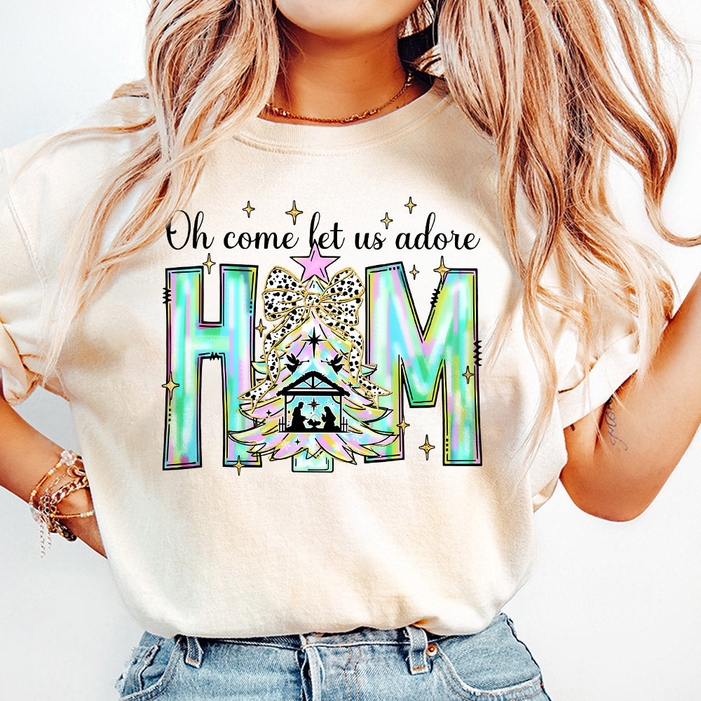 Oh Come Let Us Adore Him Png, Coquette Bow Christmas Tree Png, Christmas Jesus PNG, Iridescent Christian Christmas, Xmas Tree with Bow Png S154
