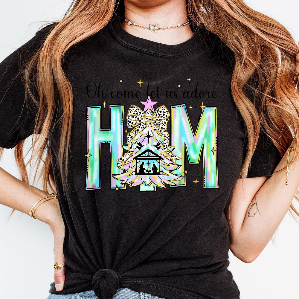 Oh Come Let Us Adore Him Png, Coquette Bow Christmas Tree Png, Christmas Jesus PNG, Iridescent Christian Christmas, Xmas Tree with Bow Png S154