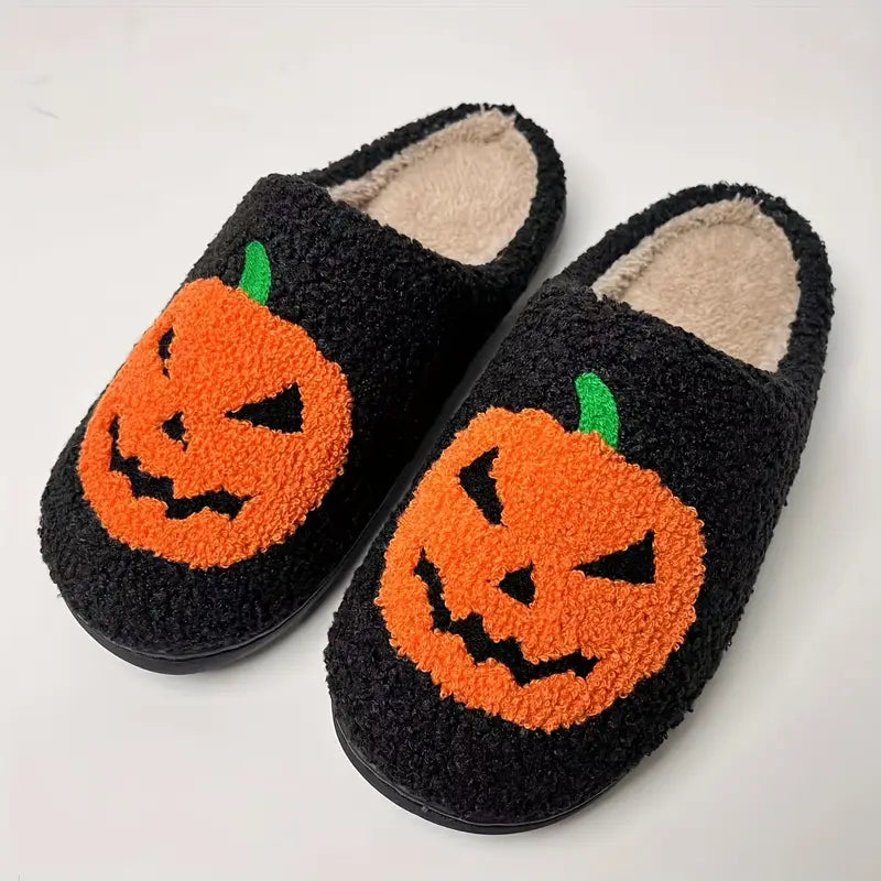 Halloween Carved Pumpkin Home Slippers Soft Plush Cozy House Slippers Anti-skid Slip-on Shoes Indoor For Men Winter Shoes SL0808 04