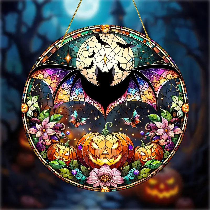 [Halloween] Vibrant Halloween Pumpkin Bat Sun Catcher - Translucent Stain Window Hanging, Acrylic Plaque Wall Art, Aesthetic Room Decoration for Bedroom Living Room, Outdoor Yard Garden Farmhouse Decor ORHA2608