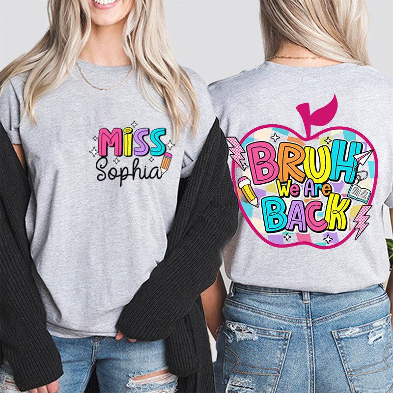 Personalized Teacher's Name Art Teacher Black And White Checkered Apple Design Teacher Two Sided T-Shirt 2MAT88