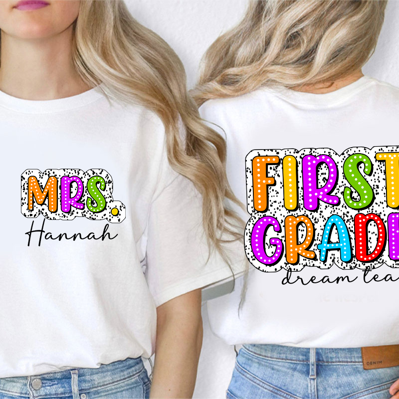 Personalized Retro Dot Neon Lights Grade And Name Teacher Two Sided T-Shirt 2MAT88