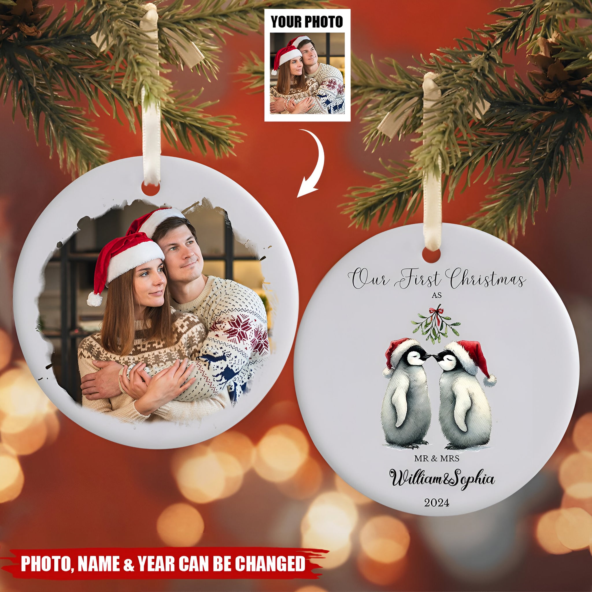 First Christmas as Mr & Mrs - Personalized Ceramic Ornament, Custom Penguin 1st Xmas Mr & Mrs Ornament With ORN2509