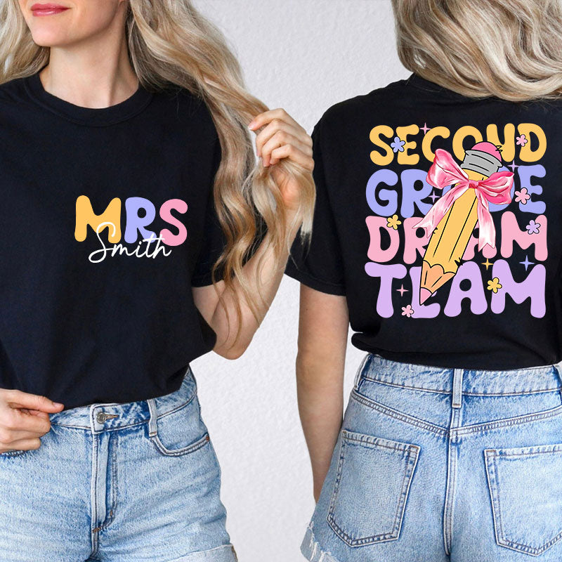 Personalized Teacher's Name And Grade Bow Pencil Print Teacher Two Sided T-Shirt 2MAT88