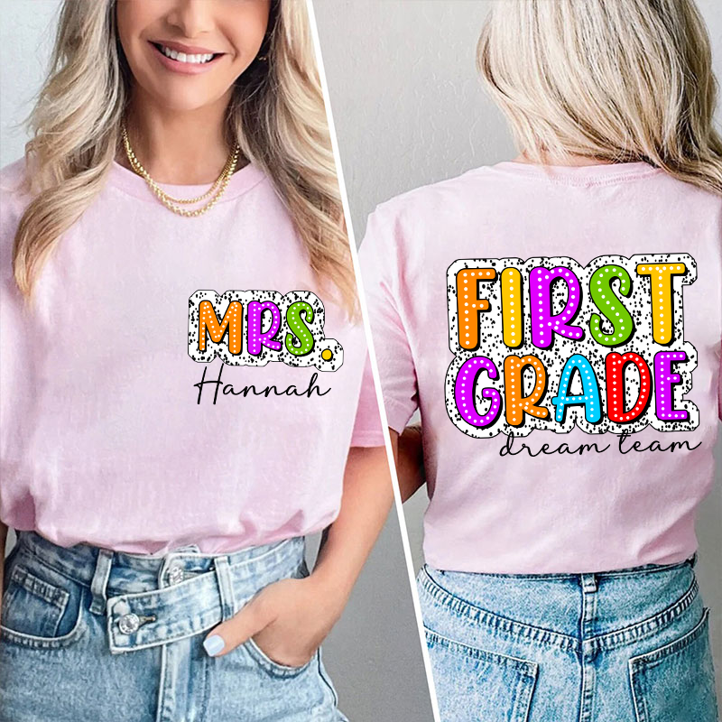 Personalized Retro Dot Neon Lights Grade And Name Teacher Two Sided T-Shirt 2MAT88