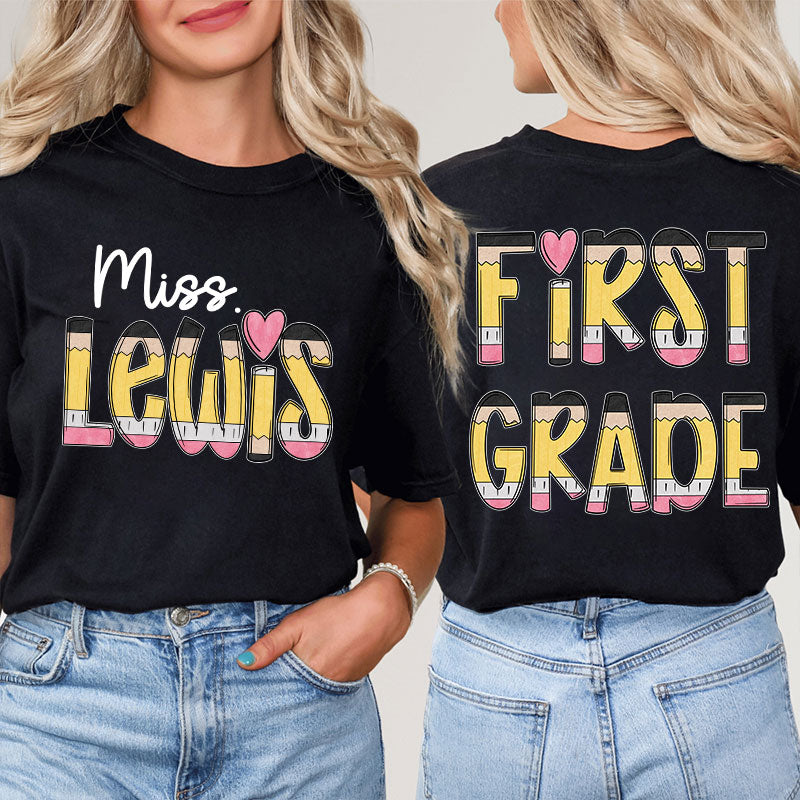 Personalized Teacher's Name And Grade Cartoon Pencil Font Design Teacher Two Sided T-Shirt 2MAT88