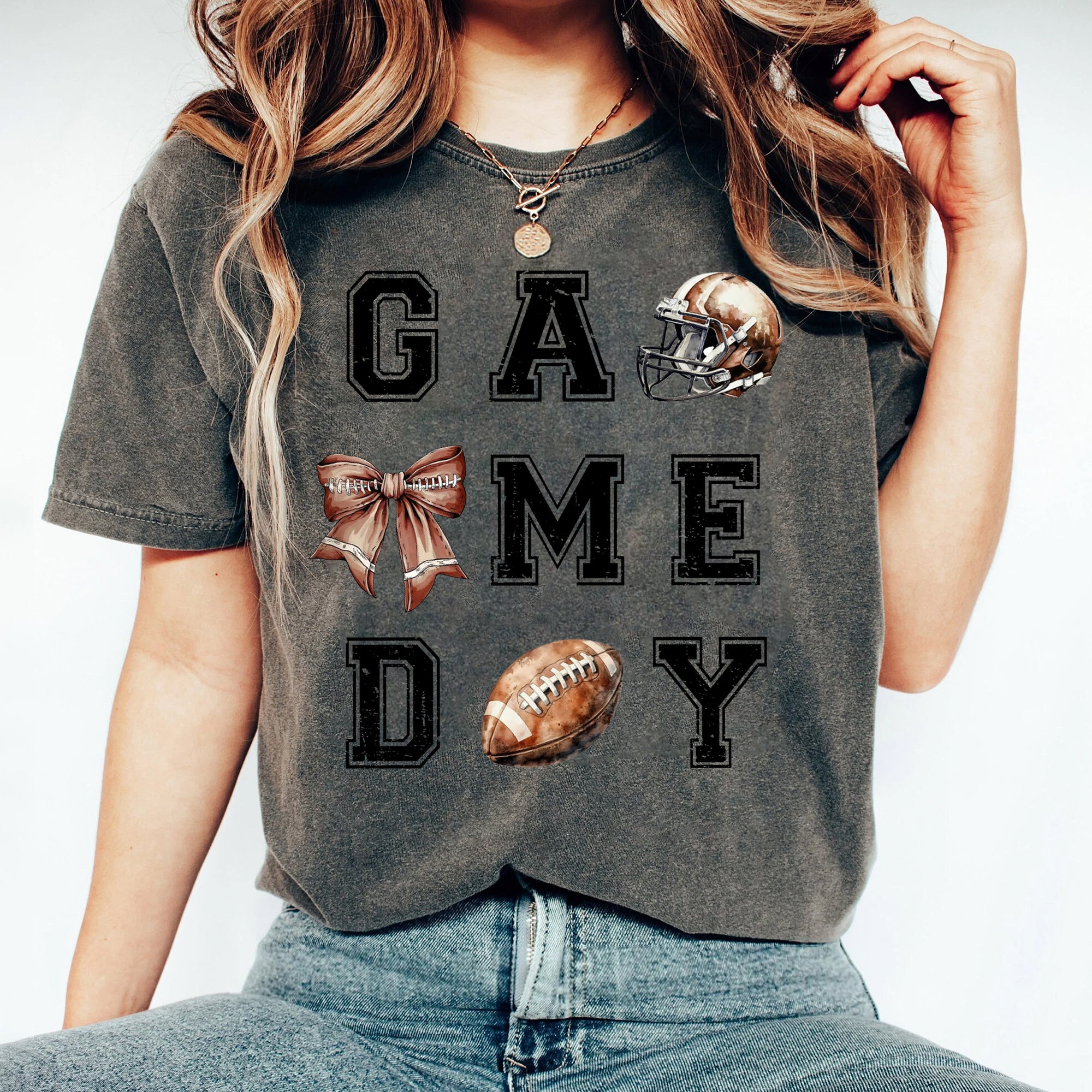 Coquette Game Day Football Crewneck Sweatshirt, Football and Bow, Football Mom Shirt, Football Season Womens Pullover, Oversized Sweatshirt 1 FB2708