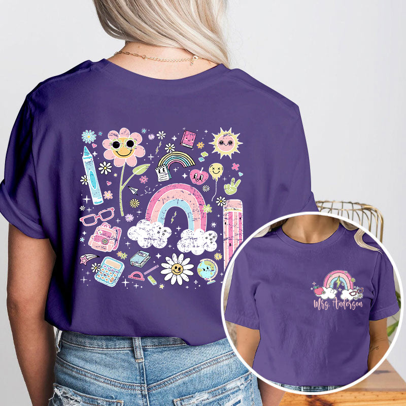 Personalized Pink Rainbow Cute Icon Teacher Two Sided T-Shirt 2MAT88