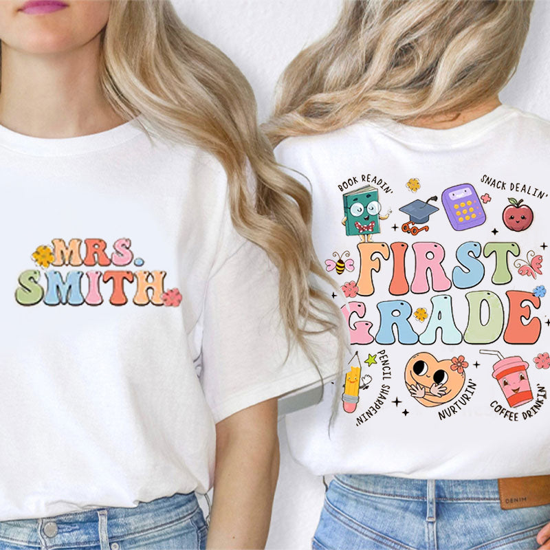 Personalized Teacher's Name And Grade Cute Book Pencil Apple Icon Teacher Two Sided T-Shirt 2MAT88