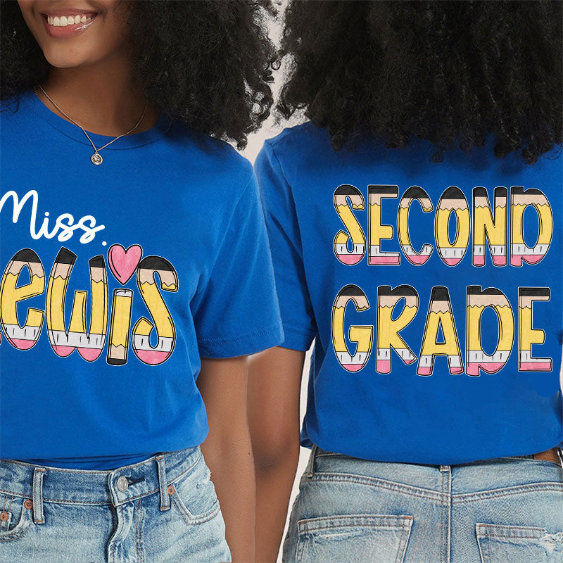 Personalized Teacher's Name And Grade Cartoon Pencil Font Design Teacher Two Sided T-Shirt 2MAT88